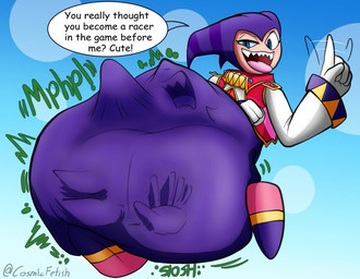 abdominal_bulge ambiguous_gender ambiguous_pred belly big_belly blue_eyes body_outline clothing dialogue digestion digestion_noises duo face_imprint fully_inside gloves hand_imprint handwear imprint jester muffled not_furry onomatopoeia open_mouth oral_vore same_size_vore sharp_teeth simple_background size_difference slosh sloshing_belly smaller_pred sound_effects speech_bubble struggling struggling_prey talking_to_another talking_to_prey tan_body teeth text tongue tongue_out unwilling_prey vocalization vore vowelless vowelless_vocalization white_body xcosmicfetishx idw_publishing nights_into_dreams sega sonic_the_hedgehog_(comics) sonic_the_hedgehog_(idw) sonic_the_hedgehog_(series) nights_(nights_into_dreams) surge_the_tenrec demon human humanoid mammal digital_media_(artwork) english_text