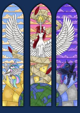 female feral group horn loose_feather planet quill scroll stained_glass wings evil-dec0y friendship_is_magic hasbro my_little_pony mythology lauren_faust_(character) princess_celestia_(mlp) princess_luna_(mlp) equid equine mammal mythological_creature mythological_equine winged_unicorn 2018 absurd_res alpha_channel hi_res