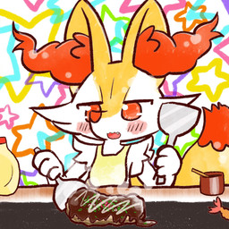abstract_background ambiguous_anthro ambiguous_gender anthro bib biped blush cooking cute_fangs dipstick_tail fangs food front_view holding_object markings mayonnaise okonomiyaki open_mouth open_smile shrimp_(food) smile snout solo spatula star_polygon steam tail tail_markings teeth tools annyui0611 nintendo pokemon braixen canid generation_6_pokemon mammal pokemon_(species) 1:1 2022 bust_portrait digital_drawing_(artwork) digital_media_(artwork) hi_res japanese_description portrait translated_description