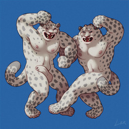 anthro balls blue_background dancing duo flexing foreskin fur genitals half-erect male markings musclegut muscular muscular_male nipples nude penis pink_nipples silly silly_face silly_pose simple_background slightly_chubby slightly_chubby_male smile spots spotted_body spotted_fur tail thick_neck thick_penis thick_tail ravuer felid mammal pantherine snow_leopard 1:1 hi_res