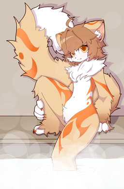 big_tail embarrassed female genitals looking_at_viewer sitting smile solo tail vulva water yellow_body yellow_eyes young cassis felid feline felis mammal hi_res