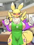 anthro apron apron_only areola big_breasts black_nose blurred_background blush bodily_fluids breasts chest_tuft cleavage clothed clothing container cup dual_holding exposed_breasts fangs female fur genital_fluids green_apron green_clothing holding_container holding_cup holding_object holding_pen holding_writing_utensil ice_cube inside lactating legs_together looking_at_viewer milk mostly_nude multicolored_body multicolored_fur nipples open_mouth pen shocked sleeves solo standing teeth tuft two_tone_body two_tone_fur vaginal_fluids wet wet_clothing white_body white_fur writing_utensil yellow_body yellow_fur rapel bandai_namco digimon i_mean_breast_milk canid digimon_(species) mammal renamon 2021 3:4 digital_media_(artwork) hi_res meme