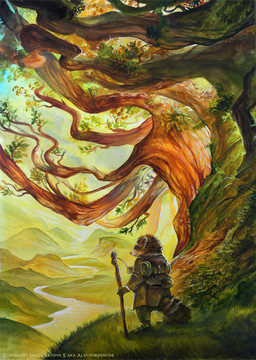 anthro backpack brown_hair detailed_background hair landscape male melee_weapon nature outside pipe plant polearm river scenery smoking_pipe solo staff tail tree weapon wood alectorfencer traveler mammal procyonid raccoon 2012