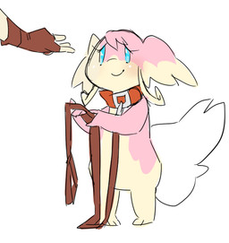 ambiguous_gender blue_eyes clothing collar duo fingerless_gloves gloves handwear leash offering_leash simple_background white_background unknown_artist nintendo pokemon audino generation_5_pokemon human mammal pokemon_(species) source_request