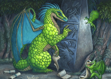 biped blue_crest blue_membrane book carved_stone countershading eye_markings feral flying forest glowing_orb green_body green_membrane green_scales group head_crest markings membrane_(anatomy) membranous_wings nude orb plant raised_hand reading scales scroll side_view size_difference spines standing tail tree wings susan_van_camp mythology dragon mythological_creature mythological_scalie scalie full-length_portrait low_res portrait traditional_media_(artwork)