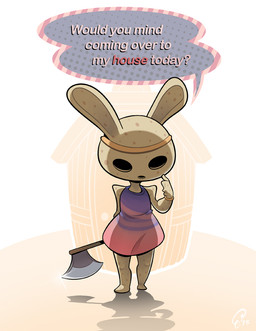 anthro axe bad_idea barefoot biped bracelet building clothed clothing creepy dialogue dress empty_eyes featureless_face featureless_feet feet female flat_chested front_view hand_behind_back holding_object holding_weapon house imminent_danger jewelry looking_down melee_weapon outside pink_clothing purple_clothing shadow simple_background solo sparkles speech_bubble standing text toony weapon white_background curlypie animal_crossing nintendo coco_(animal_crossing) animate_inanimate gyroid lagomorph leporid mammal rabbit 2013 digital_drawing_(artwork) digital_media_(artwork) english_text full-length_portrait portrait