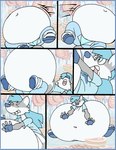 anthro belly big_belly blue_clothing blue_hair blue_shirt blue_topwear bottomwear clothing denim denim_bottomwear denim_clothing female food freezer hair huge_belly inside jeans meat overweight pants shirt sitting solo topwear weight_gain virus-20 wendy_wolf_(virus-20) canid canine canis mammal wolf 2023 comic