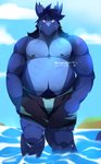 anthro beach belly big_belly black_clothing blue_body blue_eyes blue_scales bulge clothed clothing cloud hair horn light looking_at_viewer male musclegut muscular nipple_piercing nipples overweight overweight_anthro overweight_male pecs piercing pubes sand scales seaside sky slightly_chubby slightly_chubby_anthro slightly_chubby_male smile solo summer sunlight swimming_trunks swimwear tail topless ventral_scales water wet skyver_chase skyverchase mythology christopher_wyvern dragon mythological_creature mythological_scalie scalie absurd_res hi_res signature