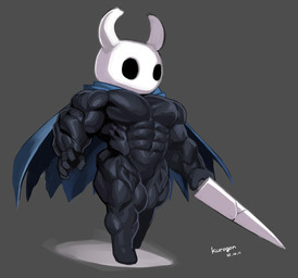 abs anthro barazoku biceps big_muscles grey_background holding_melee_weapon holding_object holding_sword holding_weapon male melee_weapon muscular muscular_male pecs quads shortstack simple_background solo sword walking weapon wearing_cape kurogon hollow_knight_(franchise) team_cherry john_hollow_knight the_knight_(hollow_knight) arthropod insect vessel_(species) hi_res