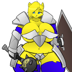 5_fingers anthro armor armwear big_breasts blonde_hair blue_eyes breasts cleavage clothed clothing curvy_figure female fingers fur hair huge_breasts huge_hips huge_thighs looking_at_viewer mace melee_weapon paladin shield simple_background skimpy small_head small_waist solo thick_thighs unconvincing_armor voluptuous weapon white_background wide_hips yellow_body yellow_fur hayakain kristy_winters_(lildredre) felid lion mammal pantherine 1:1 2018