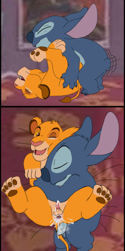 4_fingers age_difference anal anthro anthro_on_feral bestiality blue_body blue_claws blue_fur blue_nose bodily_fluids brown_eyes claws cuddling cum cum_in_ass cum_inside duo eyes_closed feral fingers fur gaping genital_fluids genitals head_tuft male male/male open_mouth open_smile penis pink_nose quadruped screencap screencap_background small_tail smile tail tuft vein veiny_penis yellow_body yellow_fur yellow_sclera young young_anthro young_feral young_male theoryofstrings disney lilo_and_stitch the_lion_king simba_(the_lion_king) stitch_(lilo_and_stitch) alien experiment_(lilo_and_stitch) felid lion mammal pantherine crossover digital_drawing_(artwork) digital_media_(artwork) hi_res
