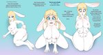 2020 6_breasts after_transformation anthro base_one_layout basic_sequence bendzz big_breasts blonde_hair blue_eyes blush bodily_fluids breasts dialogue english_text female genitals hair hand_on_tail hi_res kneeling lagomorph leporid linear_sequence long_ears looking_down mammal multi_breast nipples nude one_row_layout open_mouth pussy rabbit sequence simple_background solo surprise tail tears text three_frame_image three_frame_sequence white_body wide_hips