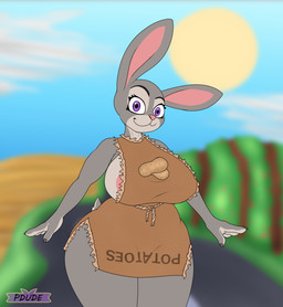 anthro big_breasts breasts clothed clothing day female happy huge_breasts huge_hips outside potato_sack solo wide_hips pdude disney zootopia judy_hopps european_rabbit lagomorph leporid mammal oryctolagus rabbit hi_res