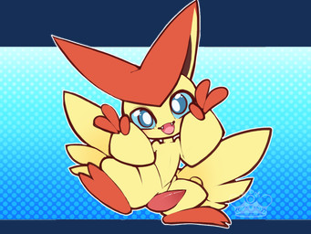 2_toes 3_fingers big_ears blue_eyes blue_sclera butt_wings cute_fangs fangs feet fingers fur genitals gesture hand_gesture male open_mouth pattern_background penis pointy_ears prick_ears red_body red_fur simple_background solo tapering_penis teeth toes tongue unusual_wing_placement v_sign wings yellow_body yellow_fur whimsydreams nintendo pokemon generation_5_pokemon legendary_pokemon pokemon_(species) victini 2018 4:3 alpha_channel