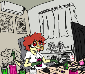 anthro beverage computer computer_keyboard computer_mouse electronics energy_drink eyelashes female food hair hand_puppet inside long_tail noodles open_mouth open_smile ramen red_eyes red_hair scales sitting smile snout solo tail yellow_body yellow_scales faustanon cavemanon_studios monster_energy snoot_game fooly_cooly_(snoot_game) schizo_chan_(snoot_game) compsognathid compsognathus dinosaur prehistoric_species reptile saurischian scalie theropod 2025 digital_drawing_(artwork) digital_media_(artwork)