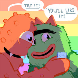 1_eye 3_horns ambiguous_gender anthro condom dialogue duo eyebrows fangs fur green_body green_fur horn lgbt_pride multi_horn pride_color_background pride_colors rainbow_pride_colors red_body red_skin sexual_barrier_device simple_background six-stripe_rainbow_pride_colors smile speech_bubble teeth text unibrow what daire301 yo_gabba_gabba brobee muno cyclops humanoid mammal monster 1:1 english_text