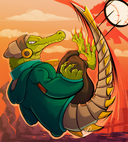 3_toes anthro ball beanie claws clothing cybernetics electronics feet hat headgear headphones headwear hoodie looking_at_viewer machine male metal_tail prosthetic solo toes topwear zipper neomushi lethal_league latch crocodile crocodilian cyborg reptile scalie