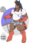 anthro big_pecs bottomwear brown_body bulge clothed clothing denim denim_bottomwear denim_clothing denim_shorts dreadlocks hand_on_hip hotpants looking_at_viewer male musclegut muscular muscular_anthro muscular_male pecs shirt shorts shovel skimpy smile solo standing t-shirt tight_clothing tools topwear white_clothing white_shirt white_topwear 1ceberg nintendo pokemon draft_horse equid equine generation_7_pokemon horse mammal mudsdale pokemon_(species) absurd_res hi_res