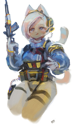 anthro blonde_hair blue_eyes breasts electronics female gun hair headgear headphones headset holding_gun holding_object holding_ranged_weapon holding_weapon ranged_weapon rifle simple_background smile solo weapon white_background utterangle domestic_cat felid feline felis mammal 2020 absurd_res hi_res