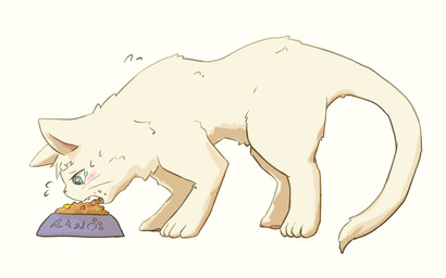 ambiguous_gender blush bodily_fluids bowl container eating feral fur implied_transformation kibble open_mouth pet_bowl sharp_teeth simple_background solo tears teeth whiskers white_body white_fur kareha_21909 domestic_cat felid feline felis mammal 16:10 hi_res widescreen