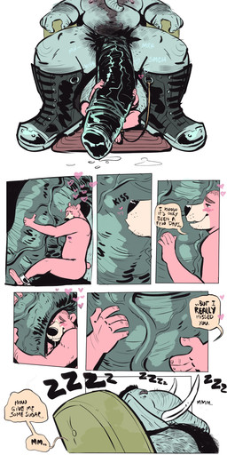 anthro arm_hair barazoku belly_hair body_hair boots boots_only chest_hair clothing cuff_(restraint) duo extreme_size_difference footwear footwear_only genitals happy hugging_penis macro male male/male mature_anthro mature_male mostly_nude nipples penis penis_kissing proboscis_(anatomy) pubes restraints shackles shaved_head shoes size_difference sleeping speech_bubble text trunk_(anatomy) tusks vein veiny_penis dramamine xythan_(character) bear elephant elephantid mammal proboscidean 2022 absurd_res comic english_text hi_res