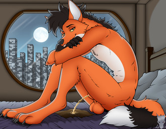 4_toes animal_genitalia animal_penis anthro balls bed bedroom_eyes bodily_fluids building canine_genitalia canine_penis casual_urination city cityscape feet fingers fully_sheathed fur furniture genital_fluids genitals hair half-closed_eyes looking_at_viewer male male_peeing moon narrowed_eyes night nude on_bed peeing penis pillow seductive sheath sitting smile solo tail toes urine urine_on_bed urine_pool urine_stream watersports window lycadio lyca_(lycadio) canid canine mammal maned_wolf digital_media_(artwork) hi_res