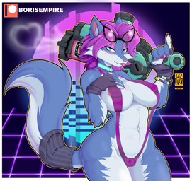 anthro areola areola_slip big_breasts blue_body blue_fur breasts choker clothing eyewear eyewear_on_head female fingerless_gloves fur gloves hair half-closed_eyes handwear jewelry looking_at_viewer narrowed_eyes necklace neon pink_hair solo sunglasses sunglasses_on_head swimwear synthwave thick_thighs tongue tongue_out weapon meltgar hi-rez_studios paladins_(game) pepper_(paladins) canid canine fox mammal hi_res