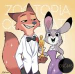 2017 academy_awards anthro award bare_shoulders black_tie_(suit) bow_(feature) bow_tie canid canine cheek_tuft clothing dipstick_ears dipstick_tail disney dress duo facial_tuft female fox fur grin hand_in_pocket hand_on_face holding_award holding_object holding_oscar_statuette jewelry judy_hopps lagomorph leporid looking_at_viewer male mammal markings multicolored_ears multicolored_tail necklace nick_wilde open_mouth open_smile oscar_statuette oscars pockets rabbit red_fox rikuta_tp size_difference smile standing suit tail tail_markings true_fox tuft zootopia