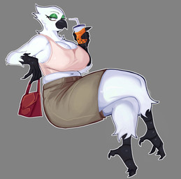4_toes anisodactyl anthro beak beverage big_breasts bottomwear breasts bubble_tea clothing crop_top eyeshadow feathers feet female green_eyes green_eyeshadow handbag holding_object huge_breasts makeup mature_anthro mature_female nipple_outline non-mammal_breasts scuted_arms scuted_legs scutes shirt shorts sitting solo talons thick_thighs toes topwear white_body white_feathers bat_bad eleonora_(luuklookyt) avian bird hi_res