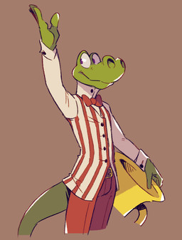anthro biped bow_tie brass_instrument clothed clothing green_body male musical_instrument musical_symbol pattern_clothing pattern_topwear pattern_vest pose red_bow_tie simple_background solo striped_clothing striped_topwear striped_vest stripes symbol toony topwear tuba vest wind_instrument flookz tuba_croc crocodile crocodilian reptile scalie 2017 digital_media_(artwork) hi_res