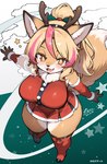 anthro big_breasts biped blush breasts clothed clothing dress eyelashes female fur hair holidays looking_at_viewer multicolored_body multicolored_fur open_mouth pupils simple_background smile solo thick_thighs two_tone_body two_tone_fur shirokoma christmas canid canine fox mammal hi_res