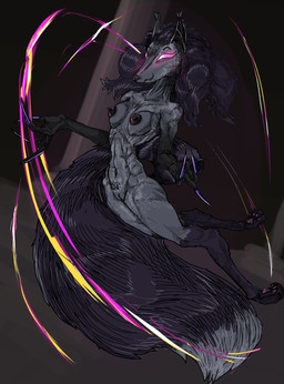 anthro areola biped breasts claws clitoral_hood clitoris dark_hair dark_nipples digitigrade female female_anthro floating fur genitals glowing glowing_eyes grey_body grey_fur hair humanoid_genitalia humanoid_vulva long_claws long_hair magic magic_user nipples nude paws pubes simple_background solo vulva molb_(artist) canid canine fox mammal absurd_res hi_res