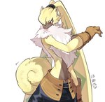 ale anthro bottomwear clothing curled_tail fur gloves handwear long_ears male orange_eyes pants ponytail_ears shirtless small_waist solo tail yellow_body yellow_fur youzaiyouzai112 bandai_namco digimon digimon_ghost_game digimon_(species) lagomorph leporid mammal rabbit symbareangoramon hi_res