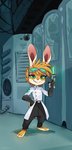 anthro barefoot clothed clothing coat detailed_background eyewear feet fully_clothed fur goggles green_eyes head_tuft holding_object lab_coat looking_at_viewer solo standing syringe topwear tuft yellow_body yellow_fur skeleion ash_bunny_(skeleion) lagomorph leporid mammal rabbit 2017 digital_media_(artwork) hi_res shaded