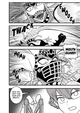 anthro bikini bikini_top breasts cleavage clothed clothing collar dialogue duo evolved_raptora fancomic female fight imminent_death long_ears mad_underdog_cerberus male monster_girl_(genre) mouthguard offscreen_character sharp_teeth shocked swimwear teeth text two-piece_swimsuit underdog_men saizuart one-punch_man one_(manga) raptora animal_humanoid human humanoid lizard_humanoid mammal monster reptile reptile_humanoid scalie scalie_humanoid comic english_text hi_res