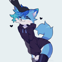ambiguous_gender anthro big_butt blue_body butt clothing duo female fur headpat heart_eyes heart_symbol hearts_around_head hoodie hydroo legwear multicolored_body multicolored_fur tail tail_motion tailwag thick_thighs thigh_highs topwear wide_hips sashely sxshely canid canine fox mammal 1:1 animated hi_res female_(lore)