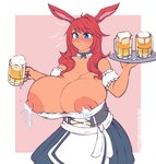 alcohol barmaid beer beer_mug beverage big_breasts blue_eyes bodily_fluids breasts collar dark_body dark_skin exposed_breasts female hair holding_beer holding_tray huge_breasts lactating long_hair nipples rabbit_ears red_hair red_nipples solo standing kittenboogers animal_humanoid humanoid lagomorph lagomorph_humanoid leporid_humanoid mammal mammal_humanoid rabbit_humanoid hi_res watermark