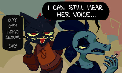 anthro black_body black_fur cigarette clothed clothing dialogue duo female fur humor red_eyes speech_bubble sweater text tongue tongue_out topwear qrasshole i_can_still_hear_his_voice night_in_the_woods bea_santello mae_borowski alligator alligatorid crocodilian domestic_cat felid feline felis mammal reptile scalie 2021 english_text meme redraw signature