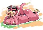 anthro anthrofied big_breasts big_butt biped breast_rest breasts butt clothed clothing curvy_figure derp_eyes eyewear female hands_on_chin huge_breasts huge_butt inverted_nipples lying nipples pokemorph smile solo sunglasses thick_thighs thong tongue tongue_out topless underwear voluptuous wide_hips bittenhard nintendo pokemon generation_1_pokemon pokemon_(species) slowpoke