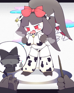 2_toes 3_fingers 4_fingers ambiguous_gender animal_print animal_print_bikini anthro big_breasts bikini black_body black_clothing black_feet black_fur black_hair black_hood black_robe blush blush_lines blush_stickers bodily_fluids breast_expansion breasts casting_spell claws closed_smile clothing cow_ears cow_print cow_print_bikini cow_print_legwear cowbell disembodied_hand duo ear_piercing ear_tag expansion eyeless fangs feet female finger_claws fingers front_view frown fur furgonomic_headwear furgonomic_hood furgonomics gesture gloves_(marking) hair hair_mouth hand_gesture hand_on_breast holding_object holding_plushie horn huge_breasts magic magic_wand markings mouth_closed navel open_frown open_mouth pattern_bikini pattern_clothing pattern_swimwear pawpads piercing pink_hair_bow plushie pov_hands pupils question_mark red_eyes red_hair_bow robe simple_background slit_pupils smile smug_face solo_focus sparkles speech_bubble steam sweat sweatdrop swimwear tears tears_of_embarrassment teeth text_box thumbs_up toes transformation two-piece_swimsuit white_background wide_hips duckcoon devil_connection don't_attack_me_mawile makemon nintendo pokemon summoner_(devil_connection) animal_humanoid bovid bovid_humanoid bovine bovine_humanoid cattle_humanoid felid feline generation_3_pokemon humanoid hybrid mammal mammal_humanoid mawile pokemon_(species) 2026 absurd_res crossover hi_res