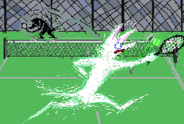 ambiguous_gender anthro ball black_body black_fur detailed_background duo fur holding_racket open_mouth pink_nose sport tennis tennis_ball tennis_racket white_body white_fur demensa canid canine canis mammal wolf 2019 digital_media_(artwork) pixel_(artwork)