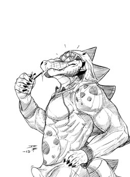 anthro bodily_fluids cheek_spikes clothed clothing drooling eating erection erection_under_clothing facial_spikes fangs food glistening glistening_eyes hand_on_hip holding_food holding_object male mouth_closed onesie saliva side_view simple_background snot solo spikes spikes_(anatomy) standing teeth tongue tongue_out crazydrak alex_(jrbart) alligator alligatorid crocodilian reptile scalie 2015 dated half-length_portrait hi_res monochrome portrait signature