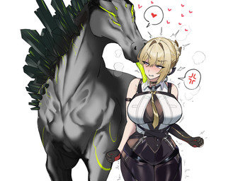 angry annoyed armwear bare_shoulders bestiality big_breasts black_armwear black_bottomwear black_choker black_clothing black_elbow_gloves black_gloves black_handwear black_jewelry black_necklace black_pants blonde_hair blush bottomwear braided_hair breasts breath choker clenched_teeth clothed clothed_female clothed_human clothing cross-popping_vein duo elbow_gloves face_lick female female_human female_on_feral feral glistening glistening_body gloves green_tongue grey_body hair handwear heart_speech_bubble heart_symbol human_on_feral interspecies jewelry larger_feral larger_male licking licking_another male male/female male_feral male_on_human necklace necktie panting pants pseudo_hair purple_eyes quadruped shaking simple_background size_difference sleeveless_shirt smaller_female smaller_human speech_bubble teeth tongue tongue_out trembling white_background wide_hips yellow_necktie neoxius mihoyo zenless_zone_zero evelyn_chevalier equid equine ethereal_(zzz) horse human mammal digital_drawing_(artwork) digital_media_(artwork) hi_res