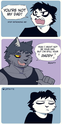 anthro black_hair clothed clothing dialogue eyebrows fur grey_body grey_fur hair male male/male one_eye_closed open_mouth open_smile smile solo speech_bubble text catkitte panda_(catkitte) ugly_cat_(catkitte) bear domestic_cat felid feline felis giant_panda mammal absurd_res comic english_text hi_res