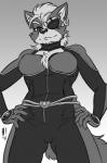 1_eye 2019 alternate_costume anthro belt breasts canid canine canis chest_tuft cleavage_cutout clothed clothing clothing_swap cosplay crossgender cutout digital_media_(artwork) ear_piercing ear_ring eye_patch eyewear female heresy_(artist) hi_res jewelry keyhole_turtleneck krystal_(star_fox) looking_at_viewer low-angle_view mammal monochrome navel nintendo piercing ring_piercing skinsuit solo star_fox sweater tight_clothing topwear tuft turtleneck wolf wolf_o'donnell