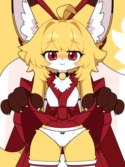 asian_clothing bedroom_eyes blush bottomwear clothed clothing clothing_lift collar east_asian_clothing female flashing_panties fluffy fluffy_tail fully_clothed fur japanese_clothing legwear long_tail looking_at_viewer miko_outfit narrowed_eyes panties red_eyes seductive simple_background skirt skirt_lift solo stockings tail underwear upskirt yellow_body yellow_fur km-15 lumen_(km-15) canid canine fox mammal 3:4 hi_res
