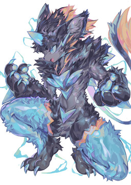 4_fingers ambiguous_gender anthro bent_legs biped black_body black_fur blue_body blue_claws blue_eyes blue_fur claws crotch_tuft crouching electricity fangs fingers fluffy fur kemono multicolored_body multicolored_fur open_mouth pawpads paws simple_background solo teeth tuft white_background yellow_body yellow_fur magic_dream00 game_freak nintendo pokemon pokemon_legends_z-a felid generation_9_pokemon legendary_pokemon mammal mega_evolution mega_zeraora pokemon_(species) 2025 colored digital_media_(artwork) digital_painting_(artwork) full-length_portrait hi_res painting_(artwork) portrait shaded
