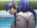 anus_outline blue_hair brown_eyes clothing cutie_mark eyewear feral glasses hair looking_back male pool poolside raised_tail smile smiling_at_viewer solo tail tongue underwear white_clothing white_underwear selenophile hasbro my_little_pony aerial_ace fan_character equid equine horse mammal pony 4:3 absurd_res hi_res