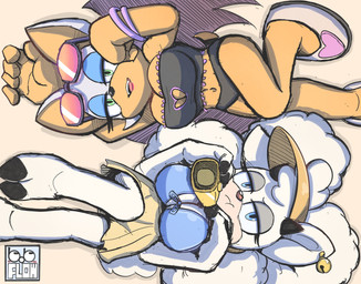 2_toes anthro barefoot beach bedroom_eyes big_breasts breasts cleavage clothed clothing cloven_hooves cowbell duo eyewear feet female hands_behind_back hooved_plantigrade hooved_toes hooves huge_breasts looking_at_viewer lying narrowed_eyes navel plantigrade seductive sunglasses tail toes wings bobflow1997 idw_publishing sega sonic_the_hedgehog_(comics) sonic_the_hedgehog_(idw) sonic_the_hedgehog_(series) lanolin_the_sheep_(sonic) rouge_the_bat bat bovid caprine mammal sheep hi_res