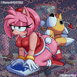 accessory anal_beads anthro bodily_fluids boots clothing dildo doll dress female footwear gloves group hair_accessory hairband handwear kneeling male male/female open_mouth panties sex sex_toy shoes sweat tongue tongue_out topwear trio underwear endlessfin vampiricpig classic_sonic_(universe) sega sonic_the_hedgehog_(series) amy_rose sonic_the_hedgehog tails_doll eulipotyphlan hedgehog mammal 1:1